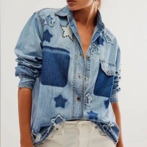 One Teaspoon Johnny Blue Star Studded Distressed Denim Button Down Shirt